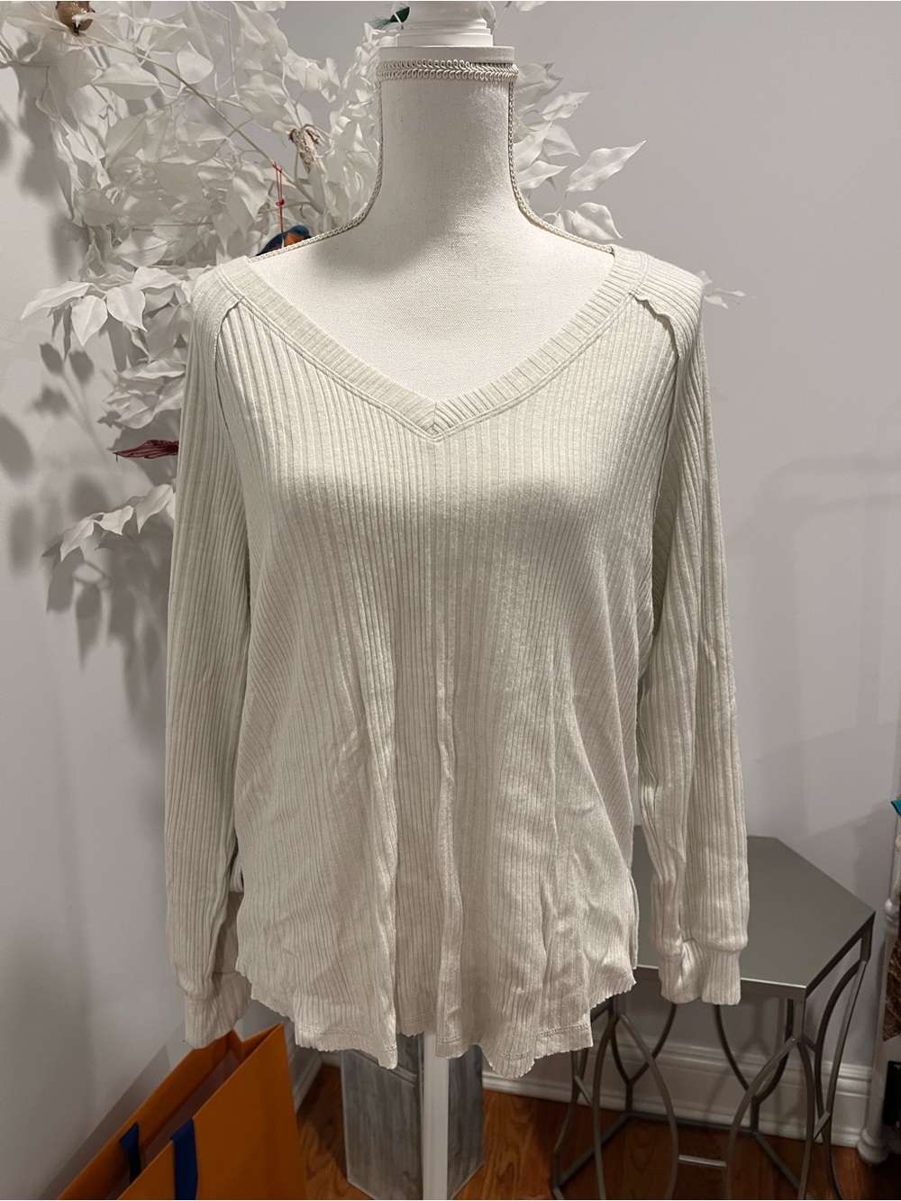 Lucky Brand Cream Ribbed V-Neck Long Sleeve Top